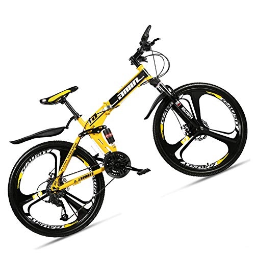 Folding Bike : NENGGE Dual-Suspension Foldable Mountain Bike 26 Inch for Adult Men and Women, Boy Girl Off-Road Mountain Bicycle with Disc Brake, High Carbon Steel Frame & Adjustable Seat, 3 Spoke Yellow 1, 21 Speed
