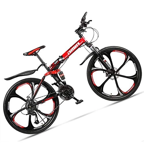 Folding Bike : NENGGE Dual-Suspension Foldable Mountain Bike 26 Inch for Adult Men and Women, Boy Girl Off-Road Mountain Bicycle with Disc Brake, High Carbon Steel Frame & Adjustable Seat, 6 Spoke Red, 24 Speed