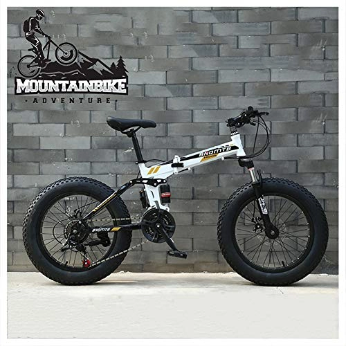 Folding Bike : NENGGE Dual-Suspension Mountain Bike 20 Inch for Girls, Women Fat Tire Foldable Mountain Bicycle with Mechanical Disc Brakes, High Carbon Steel Frame & Adjustable Seat, White, 7 Speed