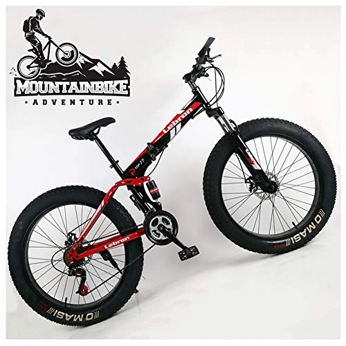 Folding Bike : NENGGE Dual Suspension Mountain Bike with Fat Tire for Men Women, Adults Foldable Mountain Bicycle, Mechanical Disc Brakes & High Carbon Steel Frame, Adjustable Seat, Black, 24 Inch 7 Speed