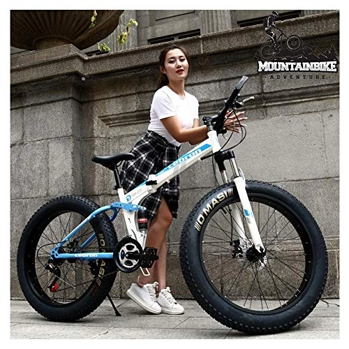Folding Bike : NENGGE Dual Suspension Mountain Bike with Fat Tire for Men Women, Adults Foldable Mountain Bicycle, Mechanical Disc Brakes & High Carbon Steel Frame, Adjustable Seat, Blue, 24 Inch 27 Speed