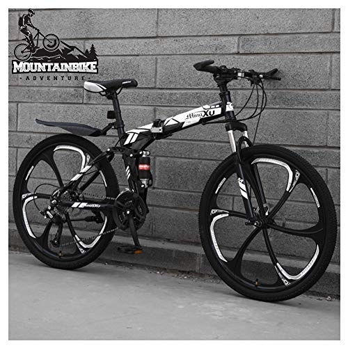 Folding Bike : NENGGE Dual Suspension Mountain Trail Bike 24 Inch for Adult Men and Women, Foldable Mountain Bicycle with Disc Brakes, High Carbon Steel Frame & Adjustable Seat, Black 6 Spoke, 21 Speed