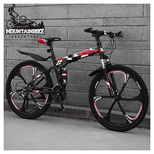 Folding Bike : NENGGE Dual Suspension Mountain Trail Bike 24 Inch for Adult Men and Women, Foldable Mountain Bicycle with Disc Brakes, High Carbon Steel Frame & Adjustable Seat, Red 6 Spoke, 27 Speed