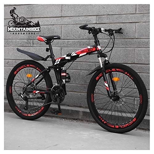 Folding Bike : NENGGE Dual Suspension Mountain Trail Bike 24 Inch for Adult Men and Women, Foldable Mountain Bicycle with Disc Brakes, High Carbon Steel Frame & Adjustable Seat, Red Spoke, 24 Speed