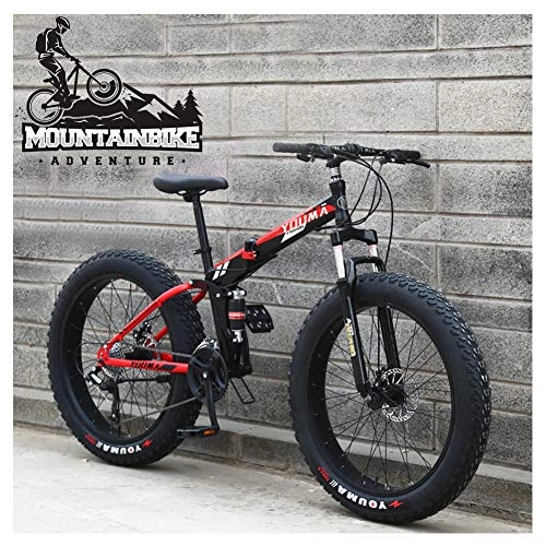 Folding Bike : NENGGE Dual-Suspension Mountain Trail Bike for Adults Men Women, Fat Tire Anti-Slip Mountain Bicycle with Dual Disc Brake, Foldable High Carbon Steel Frame & Adjustable Seat, Black, 26 Inch 21 Speed