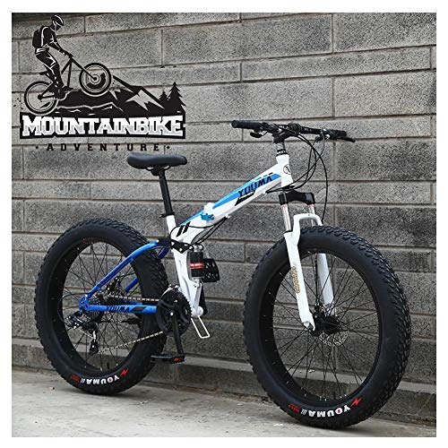 Folding Bike : NENGGE Dual-Suspension Mountain Trail Bike for Adults Men Women, Fat Tire Anti-Slip Mountain Bicycle with Dual Disc Brake, Foldable High Carbon Steel Frame & Adjustable Seat, Blue, 26 Inch 21 Speed