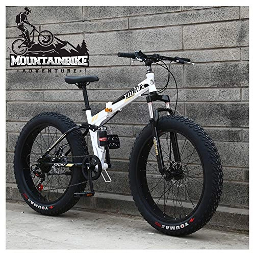 Folding Bike : NENGGE Dual-Suspension Mountain Trail Bike for Adults Men Women, Fat Tire Anti-Slip Mountain Bicycle with Dual Disc Brake, Foldable High Carbon Steel Frame & Adjustable Seat, White, 26 Inch 24 Speed