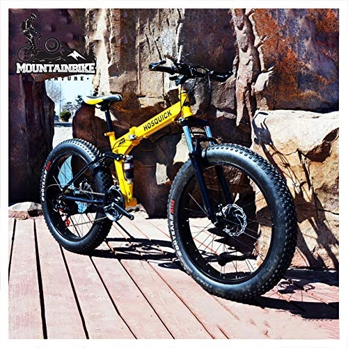 Folding Bike : NENGGE Fat Tire Mountain Bikes 26 Inch Dual Suspension for Men Women, Adult Foldable Mountain Trail Bike with Mechanical Disc Brakes, High Carbon Steel Mountain Bicycle, Yellow, 21 Speed
