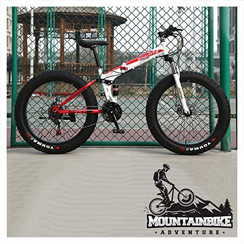 Folding Bike : NENGGE Folding Mountain Bikes with Dual-Suspension & Mechanical Disc Brakes for Adults Men Women, Fat Tire Anti-Slip Mountain Bicycle, High Carbon Steel, Adjustable Seat, Red, 24 Inch 21 Speed