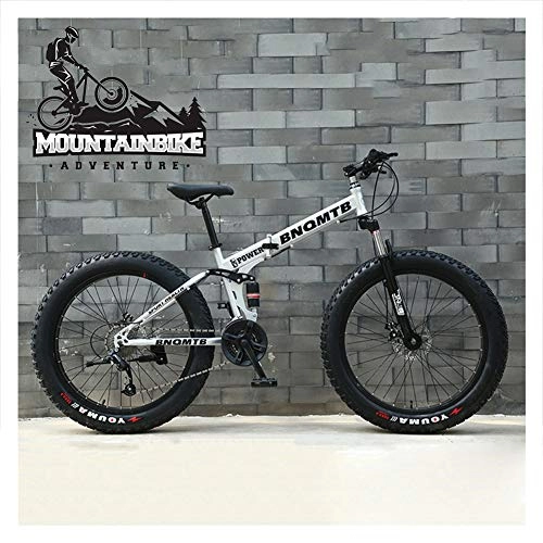 Folding Bike : NENGGE Folding Mountain Bikes with Dual-Suspension & Mechanical Disc Brakes for Adults Men Women, Fat Tire Anti-Slip Mountain Bicycle, High Carbon Steel, Adjustable Seat, Silver, 26 Inch 7 Speed
