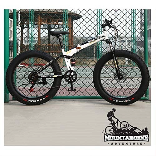 Folding Bike : NENGGE Folding Mountain Bikes with Dual-Suspension & Mechanical Disc Brakes for Adults Men Women, Fat Tire Anti-Slip Mountain Bicycle, High Carbon Steel, Adjustable Seat, White, 26 Inch 7 Speed