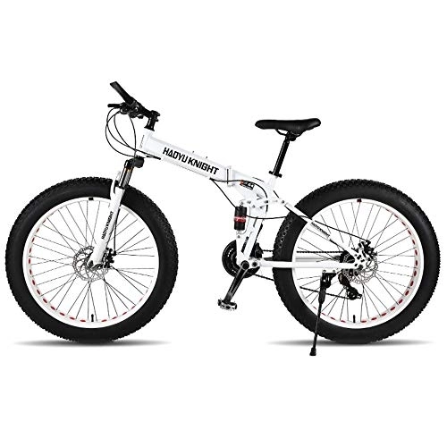 Folding Bike : new mountain double-layer steel bicycle folding frame 24 speeds Shimano mechanical disc brakes 26"x4.0 Fat Bike (White, 24 speed)