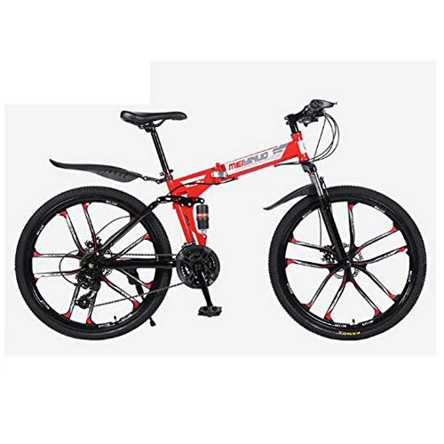 Folding Bike : NIMYEE 26 Inch Folding Mountain Bicycle, Trail Bike Folding Outroad Bicycles, Double Duspension, Thickened High Carbon Steel Frame / for Adults Men Women, Red, 21 speed