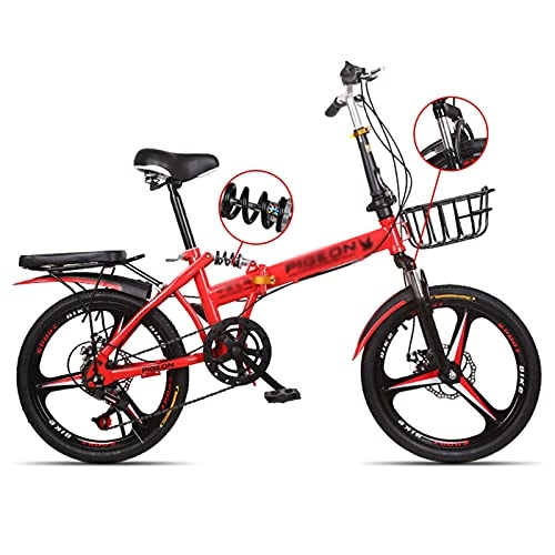 Folding Bike : NoMI 20 Inch 6-Speed Lightweight Mini Folding Bikes Double Shock Absorption Hard High Carbon Steel Gearshift Bicycle Portable Male And Female Adult Students Children, Red
