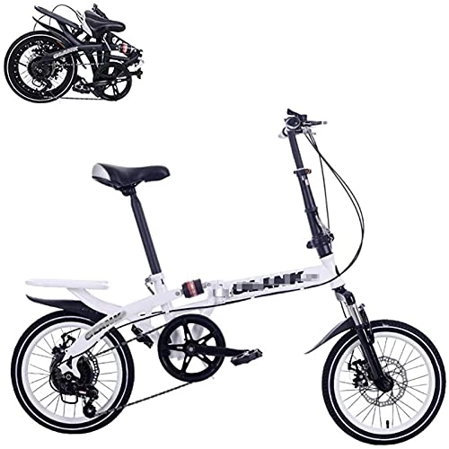 Folding Bike : NoMI Bicycle Folding Adult Bike16-Inch Portable Bicycle, 6-Speed Speed Regulation, Dual Disc Brakes Adjustable Seat Quick Folding Shock-Absorbing Commuter Bike, White