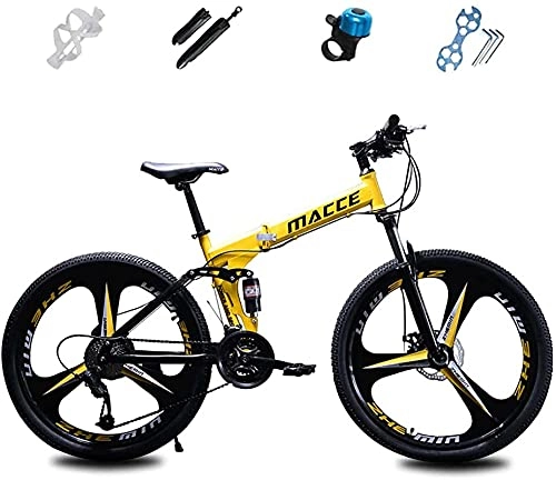 Folding Bike : NoMI MTB City Bicycle Folding Mountain Bike for Adults High Carbon Steel Frame 21 Speed Shock Absorption Safety Dual Disc Brakes System BMX Bikes for Men Women Teens Student 24 / 26 Inch, Yellow, 24inch