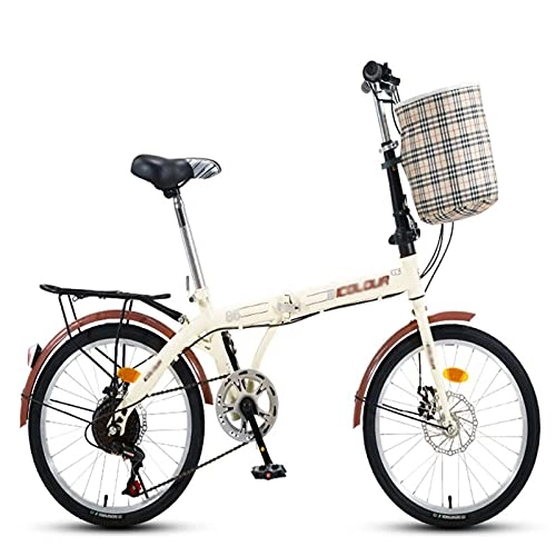 Folding Bike : NoMI Portable Bicycle Ultralight Folding Bikes Male And Female Adult Students And Children Dual Disc Brake Hard High Carbon Streamline Frame Bicycles 20" 7-Speed, beige