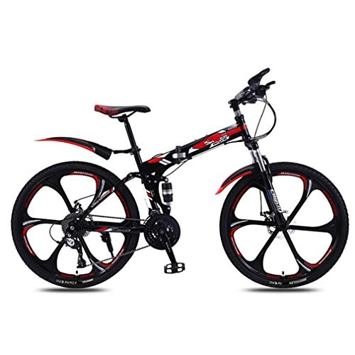 Folding Bike : NYPB Adult Mountain Bike, Dirt Bike Mountain Bike High Carbon Steel Folding Outroad Bicycles with Double Disc Brake 21 / 24 / 27 / 30-Speed Bicycle Full Suspension, Black red C, 30 speed 26in