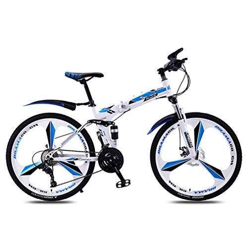 Folding Bike : NYPB Adult Mountain Bike, Dirt Bike Mountain Bike High Carbon Steel Folding Outroad Bicycles with Double Disc Brake 21 / 24 / 27 / 30-Speed Bicycle Full Suspension, White blue B, 27 speed 26in