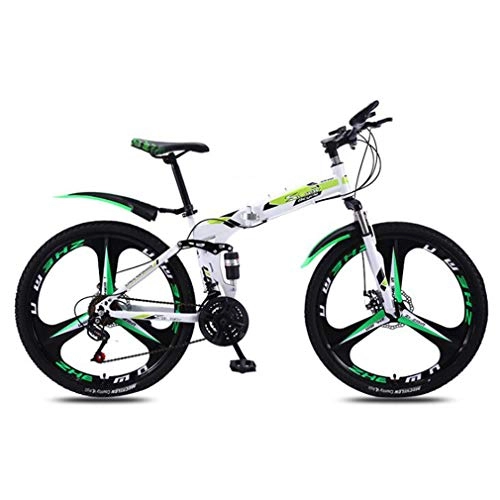 Folding Bike : NYPB Adult Mountain Bike, Dirt Bike Mountain Bike High Carbon Steel Folding Outroad Bicycles with Double Disc Brake 21 / 24 / 27 / 30-Speed Bicycle Full Suspension, White green B, 24 speed 26in