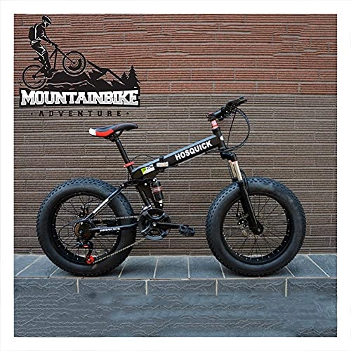 Folding Bike : NZKW 20 Inch Fat Tire Mountain Trail Bike with Dual-Suspension, Adults Men Women Mechanical Disc Brakes Foldable Mountain Bicycle, Anti-Slip High-carbon Steel Bikes, Black, 30 Speed