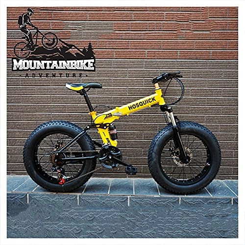 Folding Bike : NZKW 20 Inch Fat Tire Mountain Trail Bike with Dual-Suspension, Adults Men Women Mechanical Disc Brakes Foldable Mountain Bicycle, Anti-Slip High-carbon Steel Bikes, Yellow, 30 Speed