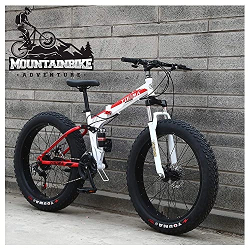 Folding Bike : NZKW Dual-Suspension Mountain Trail Bike for Adults Men Women, Fat Tire Anti-Slip Mountain Bicycle with Dual Disc Brake, Foldable High Carbon Steel Frame & Adjustable Seat, Red, 24 Inch 24 Speed