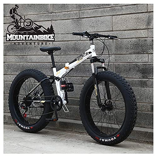 Folding Bike : NZKW Dual-Suspension Mountain Trail Bike for Adults Men Women, Fat Tire Anti-Slip Mountain Bicycle with Dual Disc Brake, Foldable High Carbon Steel Frame & Adjustable Seat, White, 26 Inch 24 Speed