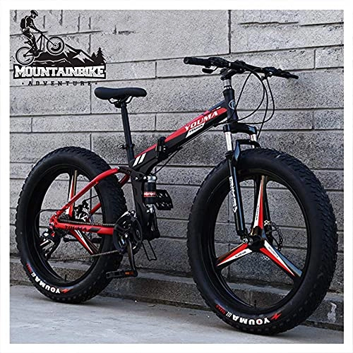 Folding Bike : NZKW Dual Suspension Mountain Trail Bike with Dual Disc Brake for Men & Women, Adults Boys Girls Anti-Slip Fat Tire Mountain Bicycle, Foldable High Carbon Steel Frame, Black, 26 Inch 7 Speed