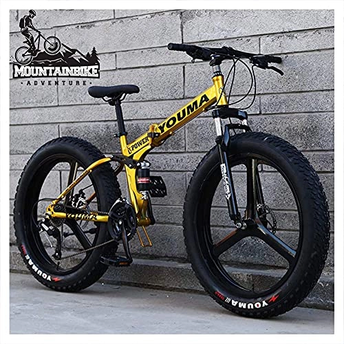 Folding Bike : NZKW Dual Suspension Mountain Trail Bike with Dual Disc Brake for Men & Women, Adults Boys Girls Anti-Slip Fat Tire Mountain Bicycle, Foldable High Carbon Steel Frame, Gold, 26 Inch 21 Speed