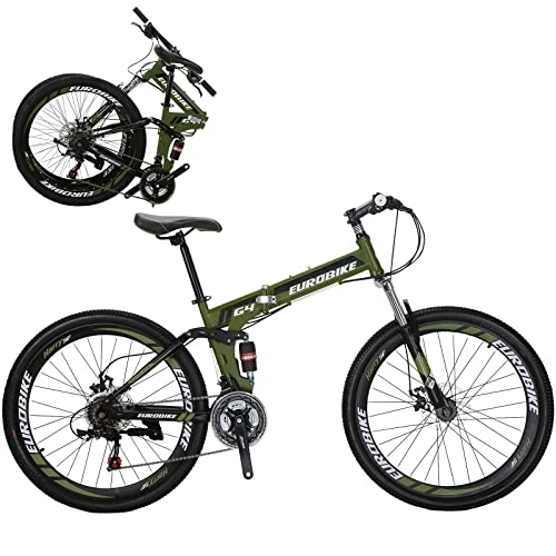 Folding Bike : OBK 26-inch Folding Mountain Bike 21 Speed Full Suspension Folding Bicycle Dual Disc Brakes Unisex For Adults (Wheel 1 Green)