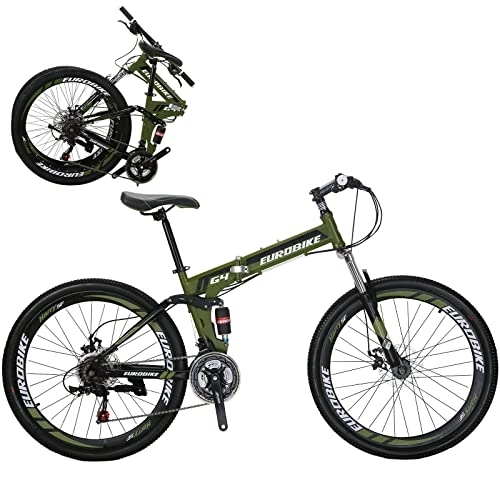 Folding Bike : OBK 26-inch Folding Mountain Bike 21 Speed Full Suspension Folding Bicycle Dual Disc Brakes Unisex For Adults (Wheel 2 Green)