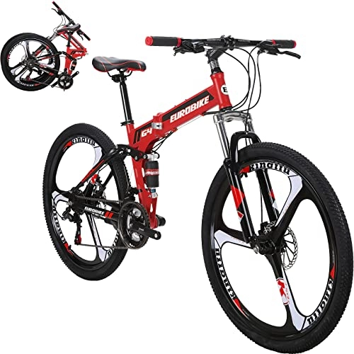 Folding Bike : OBK 26-inch Folding Mountain Bike 21 Speed Full Suspension Folding Bicycle Dual Disc Brakes Unisex For Adults (Wheel 2 Red)