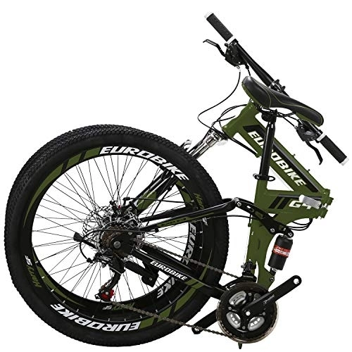 Folding Bike : OBK 26 Inch Folding Mountain Bike Full Suspension Bikes Dual Disc Brake 21 Speed Bicycle for adults men or women (Aluminum Rims Green)