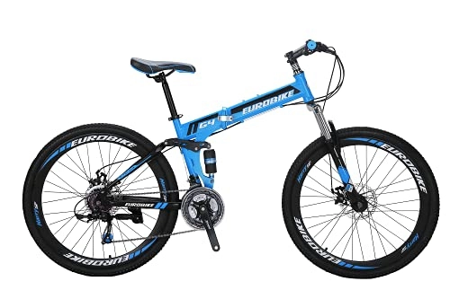 Folding Bike : OBK 26 Inch Folding Mountain Bike Full Suspension Bikes Dual Disc Brake 21 Speed Bicycle for Adults Men or Women (BLUE)