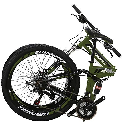 Folding Bike : OBK 26 Inch Folding Mountain Bike Full Suspension Bikes Dual Disc Brake 21 Speed Bicycle for Adults Men or Women (GREEN)