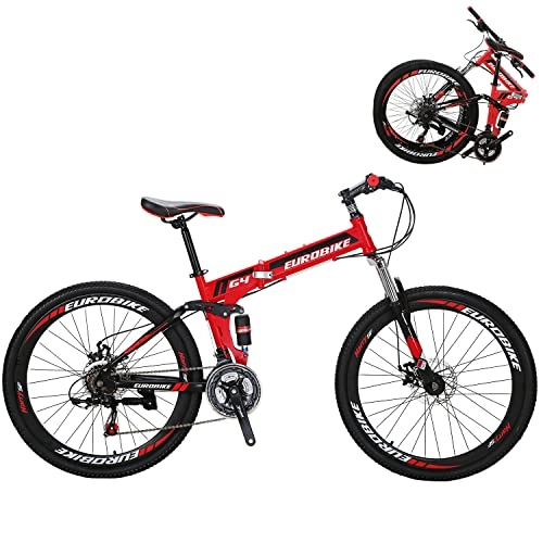 Folding Bike : OBK 26 Inch Folding Mountain Bike Full Suspension Bikes Dual Disc Brake 21 Speed Bicycle for Adults Men or Women (RED)
