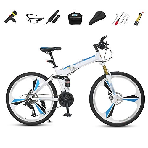 Folding Bike : Off-road Mountain Bike, 26-inch Folding Shock-absorbing Bicycle, Male And Female Adult Lady Bike, Foldable Commuter Bike - 27 Speed Gears with Double Disc Brake / blue