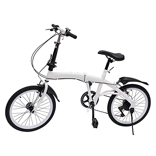 Folding Bike : OUKANING White 20 Inch Folding Bike Folding Bicycle Lightweight 7 Speed Bike Double V Brake