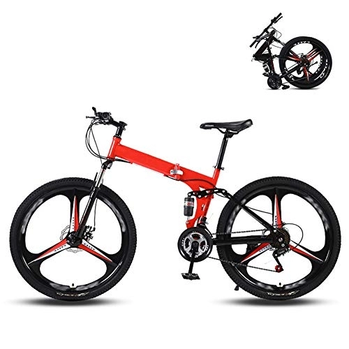Folding Bike : Ouumeis 24 Inch Folding Mountain Bikes Men Women General Purpose Variable Speed Double Shock Absorption All Terrain Adult Foldable Bicycle Three Cutter Wheels High Carbon Steel Frame, Red, 24 Speed