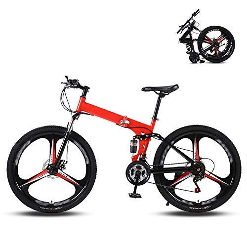 Folding Bike : Ouumeis 24 Inch Folding Mountain Bikes Men Women General Purpose Variable Speed Double Shock Absorption All Terrain Adult Foldable Bicycle Three Cutter Wheels High Carbon Steel Frame, Red, 27 Speed