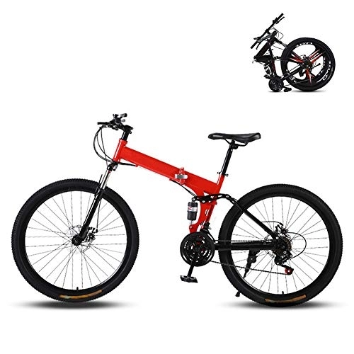 Folding Bike : Ouumeis 26 Inch Folding Mountain Bikes Men Women General Purpose Variable Speed Double Shock Absorption All Terrain Adult Foldable Bicycle High Carbon Steel Frame, Red, 24 Speed