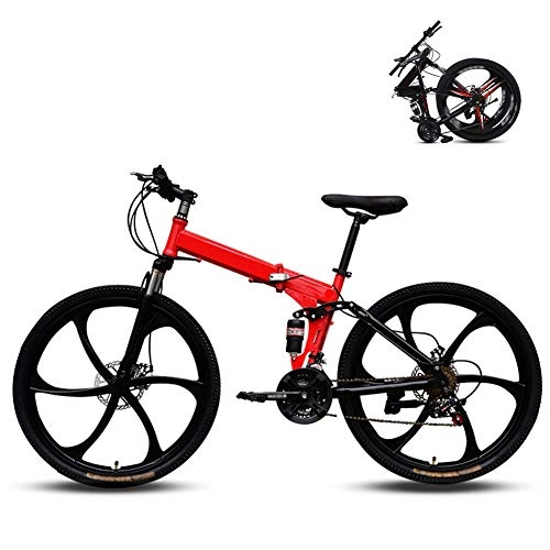 Folding Bike : Ouumeis 26 Inch Folding Mountain Bikes Men Women General Purpose Variable Speed Double Shock Absorption All Terrain Adult Foldable Bicycle Six Cutter Wheels High Carbon Steel Frame, Red, 24 Speed