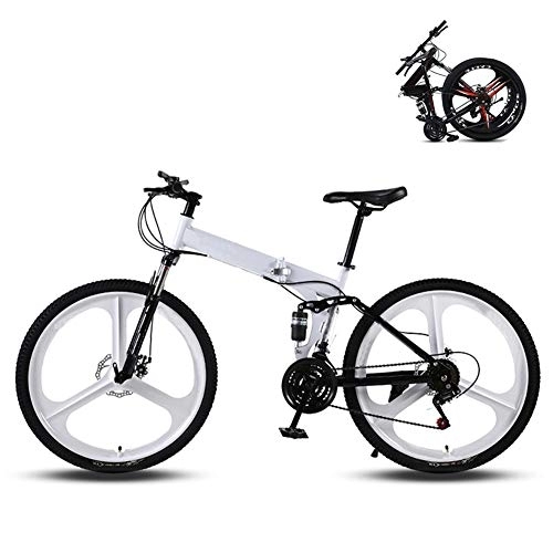 Folding Bike : Ouumeis 26 Inch Folding Mountain Bikes Men Women General Purpose Variable Speed Double Shock Absorption All Terrain Adult Foldable Bicycle Three Cutter Wheels High Carbon Steel Frame, White, 21 Speed