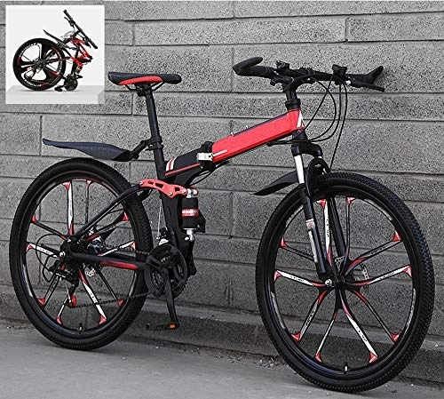 Folding Bike : Ouumeis Folding Mountain Bikes 24 Inch 21 / 24 / 27 / 30 Speed Variable All Terrain Quick Foldable Adult Mountain Off-Road Bicycle High Carbon Steel Frame Double Shock Absorption, C, 21 Speed