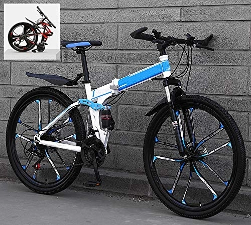 Folding Bike : Ouumeis Folding Mountain Bikes 26 Inch 21 / 24 / 27 / 30 Speed Variable All Terrain Quick Foldable Adult Mountain Off-Road Bicycle High Carbon Steel Frame Double Shock Absorption, D, 21 Speed