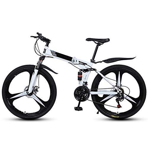 Folding Bike : Ouumeis Folding Mountain Bikes 26 Inch 3 Cutter Wheels Men Women General Purpose All Terrain Adult Quick Foldable Bicycle High Carbon Steel Frame Variable Speed Double Shock Absorption, White, 24 Speed