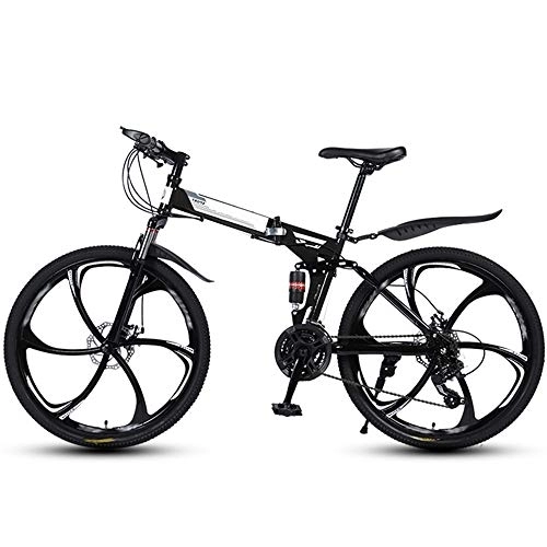 Folding Bike : Ouumeis Folding Mountain Bikes 26 Inch 6 Cutter Wheels Men Women General Purpose All Terrain Adult Quick Foldable Bicycle High Carbon Steel Frame Variable Speed Double Shock Absorption, Black, 21 Speed