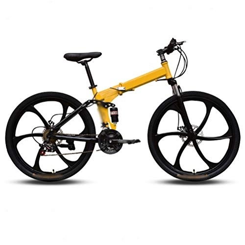 Folding Bike : Ouumeis Mountain Folding Bike, Six-Cutter Wheel 26 Inch 21-Speed Top with Variable Speed Double Shock Absorber Bicycle Mountain Folding Bike Fast Folding, Easy To Carry, Thickened Tubing, Yellow