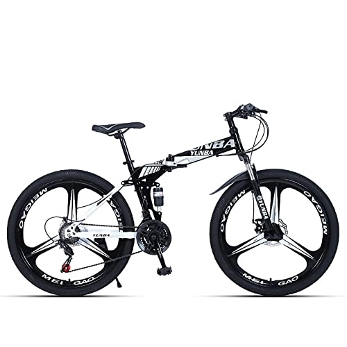Folding Bike : PBTRM Folding Mountain Bike 24 Inches, 3-Spoke Disc Brake Dual Suspension Adult Folding Bike MTB Bicycle, 21-30 Speed Rear Derailleur, Disc Brakes, for Mens, Womens, Black, 24Speed